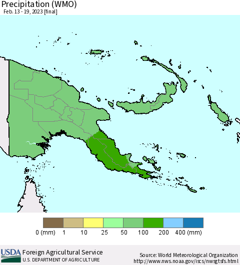 Papua New Guinea Precipitation (WMO) Thematic Map For 2/13/2023 - 2/19/2023