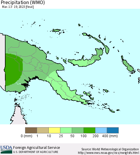 Papua New Guinea Precipitation (WMO) Thematic Map For 3/13/2023 - 3/19/2023