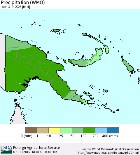 Papua New Guinea Precipitation (WMO) Thematic Map For 4/3/2023 - 4/9/2023