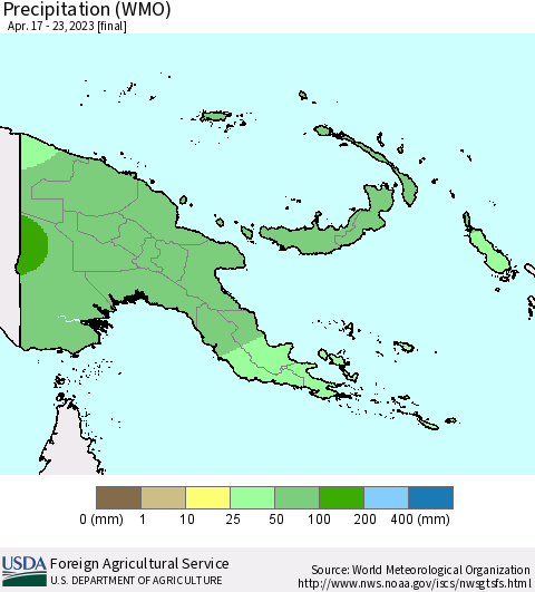 Papua New Guinea Precipitation (WMO) Thematic Map For 4/17/2023 - 4/23/2023