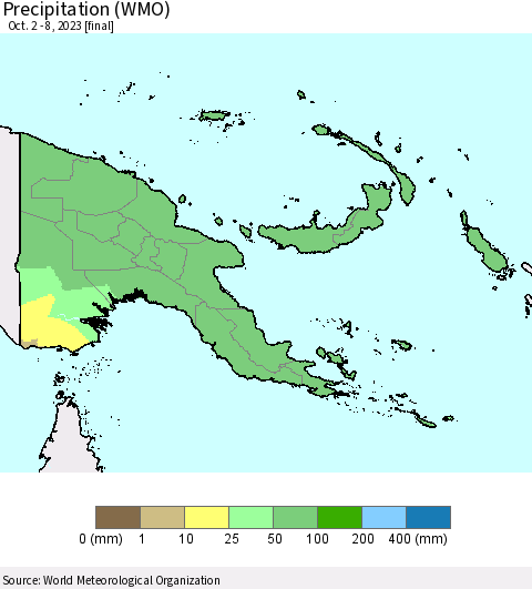 Papua New Guinea Precipitation (WMO) Thematic Map For 10/2/2023 - 10/8/2023