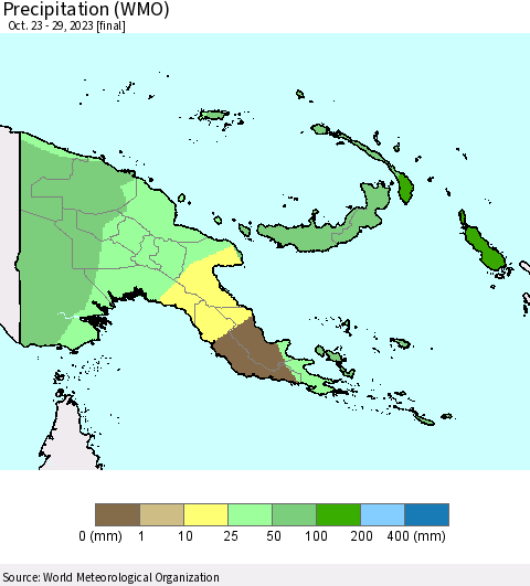 Papua New Guinea Precipitation (WMO) Thematic Map For 10/23/2023 - 10/29/2023
