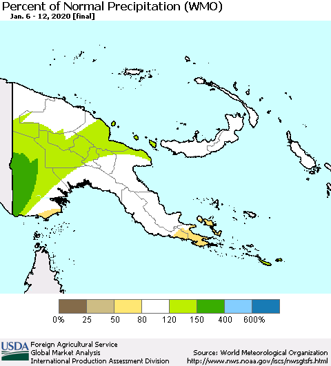 Papua New Guinea Percent of Normal Precipitation (WMO) Thematic Map For 1/6/2020 - 1/12/2020