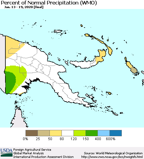 Papua New Guinea Percent of Normal Precipitation (WMO) Thematic Map For 1/13/2020 - 1/19/2020