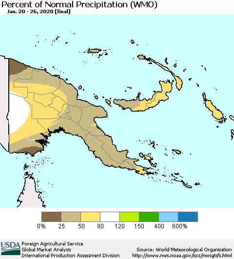 Papua New Guinea Percent of Normal Precipitation (WMO) Thematic Map For 1/20/2020 - 1/26/2020
