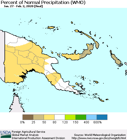 Papua New Guinea Percent of Normal Precipitation (WMO) Thematic Map For 1/27/2020 - 2/2/2020