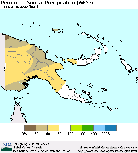 Papua New Guinea Percent of Normal Precipitation (WMO) Thematic Map For 2/3/2020 - 2/9/2020