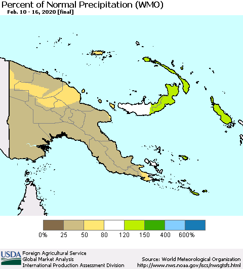 Papua New Guinea Percent of Normal Precipitation (WMO) Thematic Map For 2/10/2020 - 2/16/2020