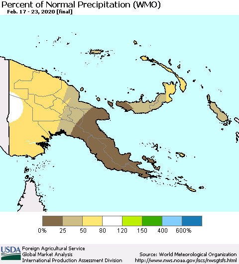 Papua New Guinea Percent of Normal Precipitation (WMO) Thematic Map For 2/17/2020 - 2/23/2020