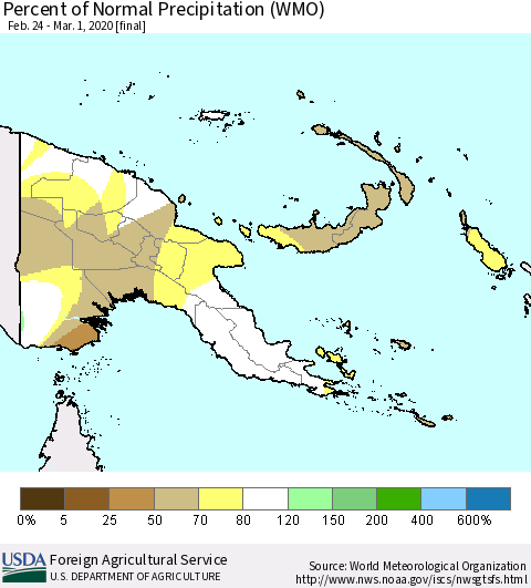 Papua New Guinea Percent of Normal Precipitation (WMO) Thematic Map For 2/24/2020 - 3/1/2020
