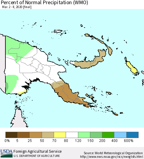 Papua New Guinea Percent of Normal Precipitation (WMO) Thematic Map For 3/2/2020 - 3/8/2020