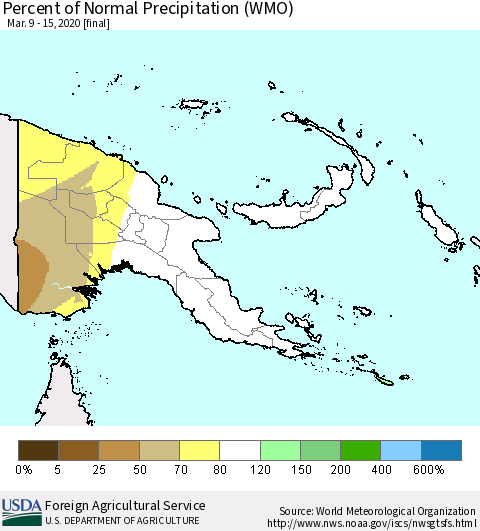 Papua New Guinea Percent of Normal Precipitation (WMO) Thematic Map For 3/9/2020 - 3/15/2020