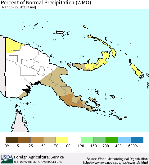 Papua New Guinea Percent of Normal Precipitation (WMO) Thematic Map For 3/16/2020 - 3/22/2020