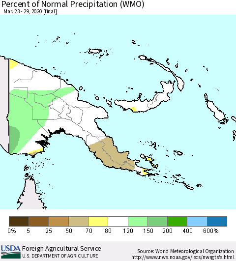 Papua New Guinea Percent of Normal Precipitation (WMO) Thematic Map For 3/23/2020 - 3/29/2020