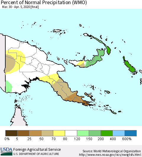 Papua New Guinea Percent of Normal Precipitation (WMO) Thematic Map For 3/30/2020 - 4/5/2020