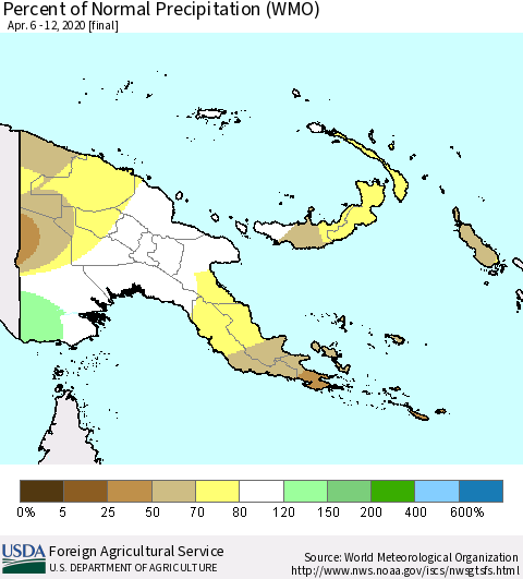 Papua New Guinea Percent of Normal Precipitation (WMO) Thematic Map For 4/6/2020 - 4/12/2020
