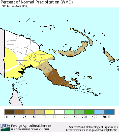 Papua New Guinea Percent of Normal Precipitation (WMO) Thematic Map For 4/13/2020 - 4/19/2020