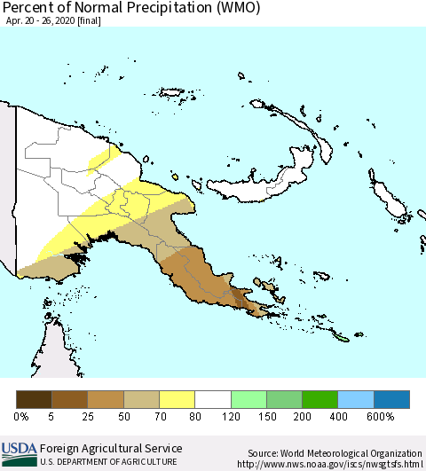 Papua New Guinea Percent of Normal Precipitation (WMO) Thematic Map For 4/20/2020 - 4/26/2020