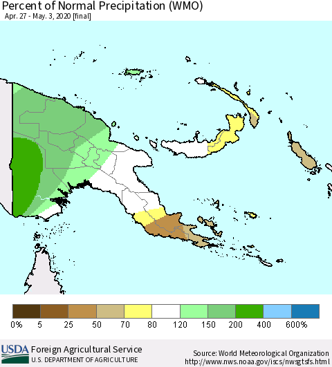 Papua New Guinea Percent of Normal Precipitation (WMO) Thematic Map For 4/27/2020 - 5/3/2020