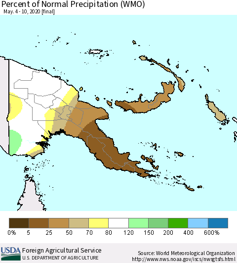Papua New Guinea Percent of Normal Precipitation (WMO) Thematic Map For 5/4/2020 - 5/10/2020