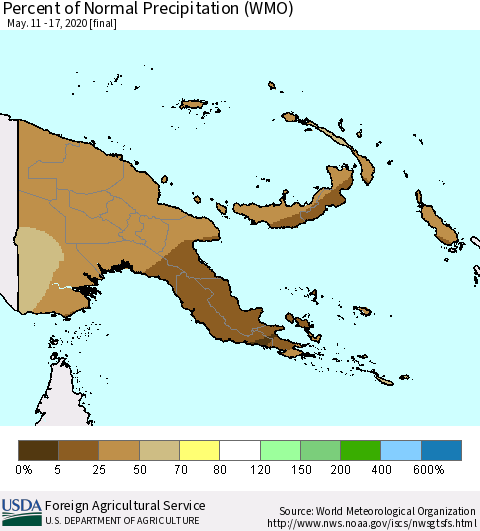 Papua New Guinea Percent of Normal Precipitation (WMO) Thematic Map For 5/11/2020 - 5/17/2020