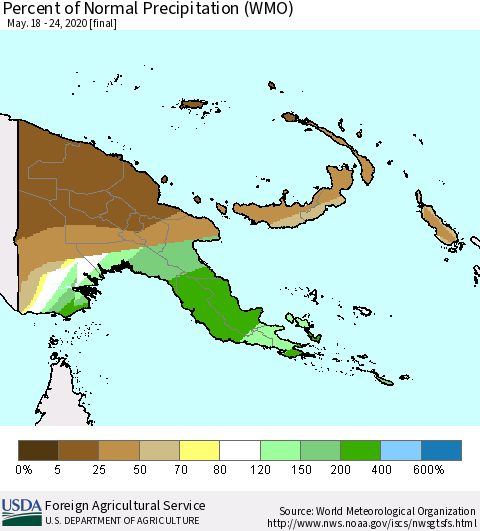 Papua New Guinea Percent of Normal Precipitation (WMO) Thematic Map For 5/18/2020 - 5/24/2020