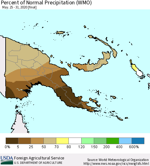 Papua New Guinea Percent of Normal Precipitation (WMO) Thematic Map For 5/25/2020 - 5/31/2020