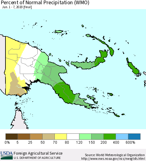 Papua New Guinea Percent of Normal Precipitation (WMO) Thematic Map For 6/1/2020 - 6/7/2020