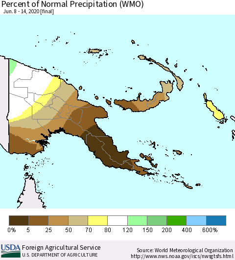 Papua New Guinea Percent of Normal Precipitation (WMO) Thematic Map For 6/8/2020 - 6/14/2020