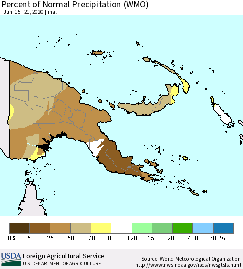 Papua New Guinea Percent of Normal Precipitation (WMO) Thematic Map For 6/15/2020 - 6/21/2020