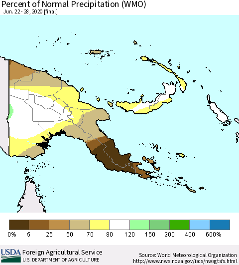 Papua New Guinea Percent of Normal Precipitation (WMO) Thematic Map For 6/22/2020 - 6/28/2020
