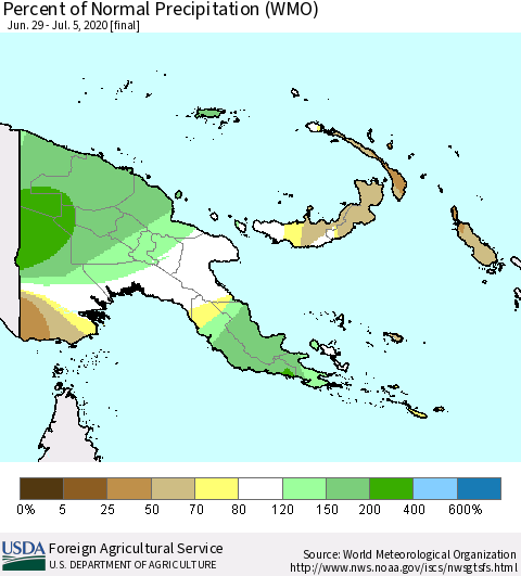 Papua New Guinea Percent of Normal Precipitation (WMO) Thematic Map For 6/29/2020 - 7/5/2020