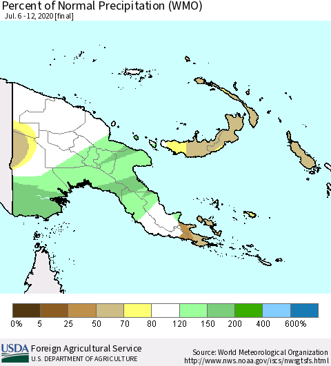 Papua New Guinea Percent of Normal Precipitation (WMO) Thematic Map For 7/6/2020 - 7/12/2020