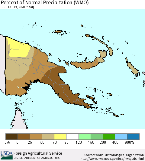 Papua New Guinea Percent of Normal Precipitation (WMO) Thematic Map For 7/13/2020 - 7/19/2020