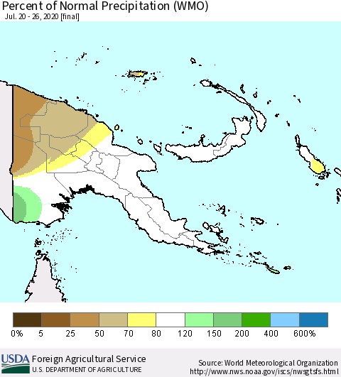Papua New Guinea Percent of Normal Precipitation (WMO) Thematic Map For 7/20/2020 - 7/26/2020