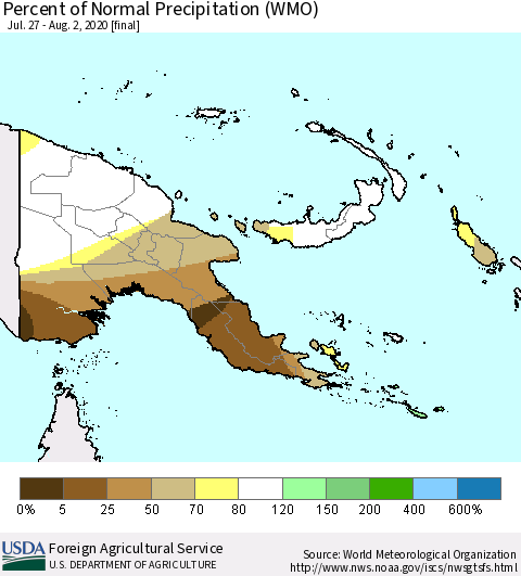 Papua New Guinea Percent of Normal Precipitation (WMO) Thematic Map For 7/27/2020 - 8/2/2020