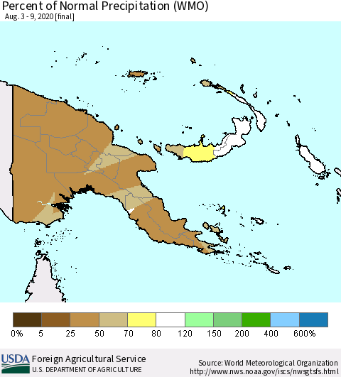 Papua New Guinea Percent of Normal Precipitation (WMO) Thematic Map For 8/3/2020 - 8/9/2020