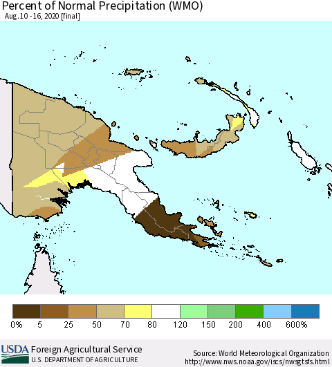 Papua New Guinea Percent of Normal Precipitation (WMO) Thematic Map For 8/10/2020 - 8/16/2020