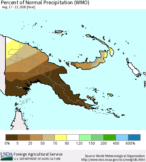 Papua New Guinea Percent of Normal Precipitation (WMO) Thematic Map For 8/17/2020 - 8/23/2020