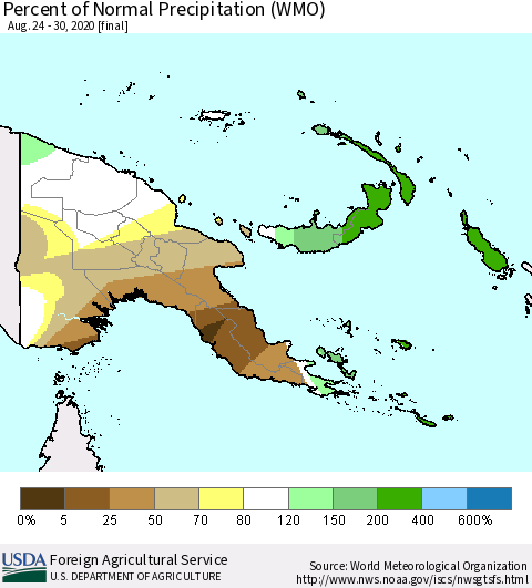 Papua New Guinea Percent of Normal Precipitation (WMO) Thematic Map For 8/24/2020 - 8/30/2020