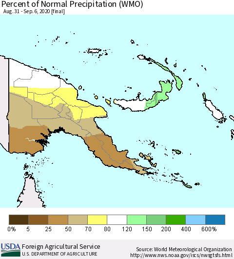 Papua New Guinea Percent of Normal Precipitation (WMO) Thematic Map For 8/31/2020 - 9/6/2020