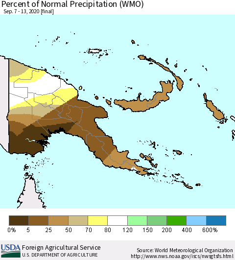 Papua New Guinea Percent of Normal Precipitation (WMO) Thematic Map For 9/7/2020 - 9/13/2020