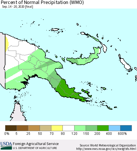 Papua New Guinea Percent of Normal Precipitation (WMO) Thematic Map For 9/14/2020 - 9/20/2020