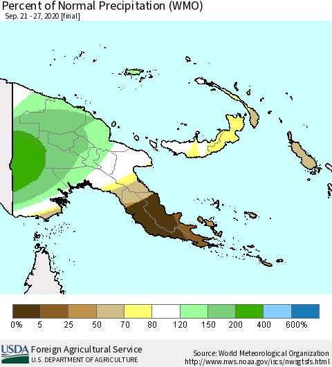 Papua New Guinea Percent of Normal Precipitation (WMO) Thematic Map For 9/21/2020 - 9/27/2020