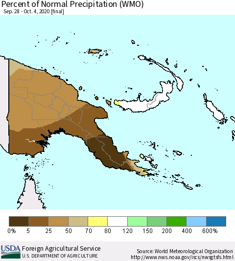 Papua New Guinea Percent of Normal Precipitation (WMO) Thematic Map For 9/28/2020 - 10/4/2020