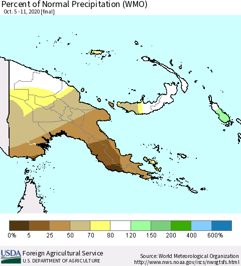 Papua New Guinea Percent of Normal Precipitation (WMO) Thematic Map For 10/5/2020 - 10/11/2020