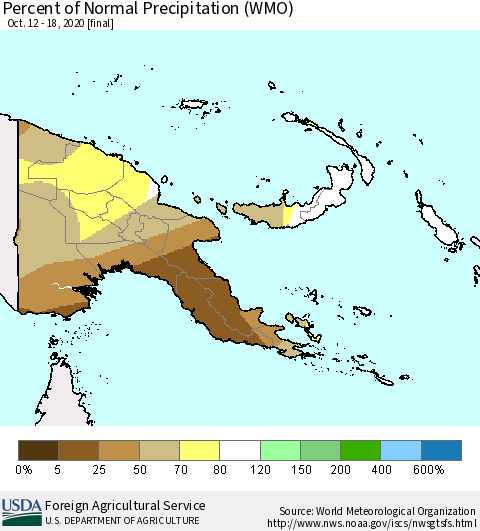 Papua New Guinea Percent of Normal Precipitation (WMO) Thematic Map For 10/12/2020 - 10/18/2020