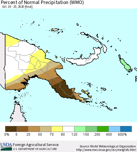 Papua New Guinea Percent of Normal Precipitation (WMO) Thematic Map For 10/19/2020 - 10/25/2020