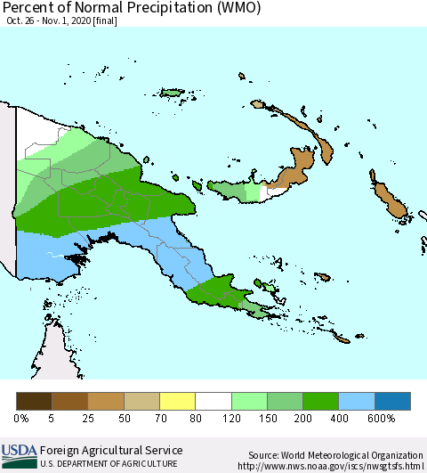 Papua New Guinea Percent of Normal Precipitation (WMO) Thematic Map For 10/26/2020 - 11/1/2020