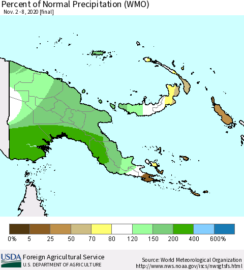 Papua New Guinea Percent of Normal Precipitation (WMO) Thematic Map For 11/2/2020 - 11/8/2020